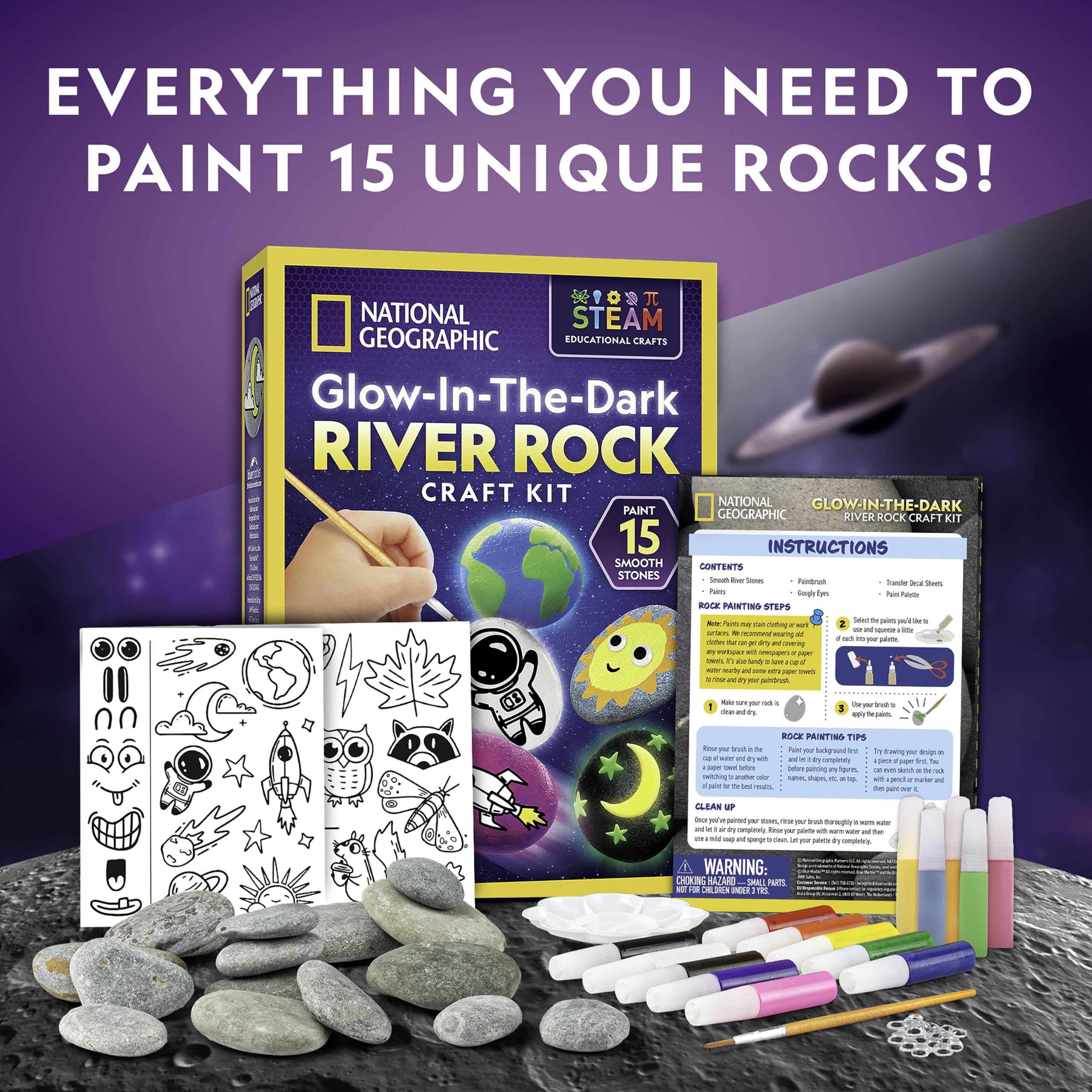 NATIONAL GEOGRAPHIC Glow in The Dark Rock Painting Kit - Crafts for Kids, Decorate 15 River Rocks with 15 Paint Colors & Art Supplies