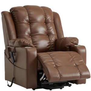 Creatuis Large Lift Recliner Chair for Elderly with Massage and Heat Lay Flat Dual Motor Electric Power Lift Chair Cup Holders Side Pocket Faux Leather (Brown)