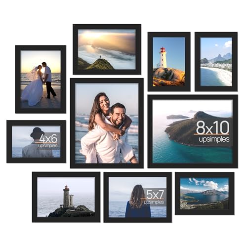 upsimples 10 Pack Picture Frames Collage Wall Decor with Glass, Gallery Wall Frame Set for Wall Mounting or Tabletop Display, Multi Sizes Including 8x10, 5x7, 4x6 Family Photo Frames, Black