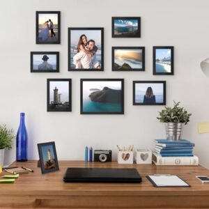 upsimples 10 Pack Picture Frames Collage Wall Decor with Glass, Gallery Wall Frame Set for Wall Mounting or Tabletop Display, Multi Sizes Including 8x10, 5x7, 4x6 Family Photo Frames, Black