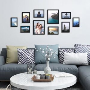 upsimples 10 Pack Picture Frames Collage Wall Decor with Glass, Gallery Wall Frame Set for Wall Mounting or Tabletop Display, Multi Sizes Including 8x10, 5x7, 4x6 Family Photo Frames, Black