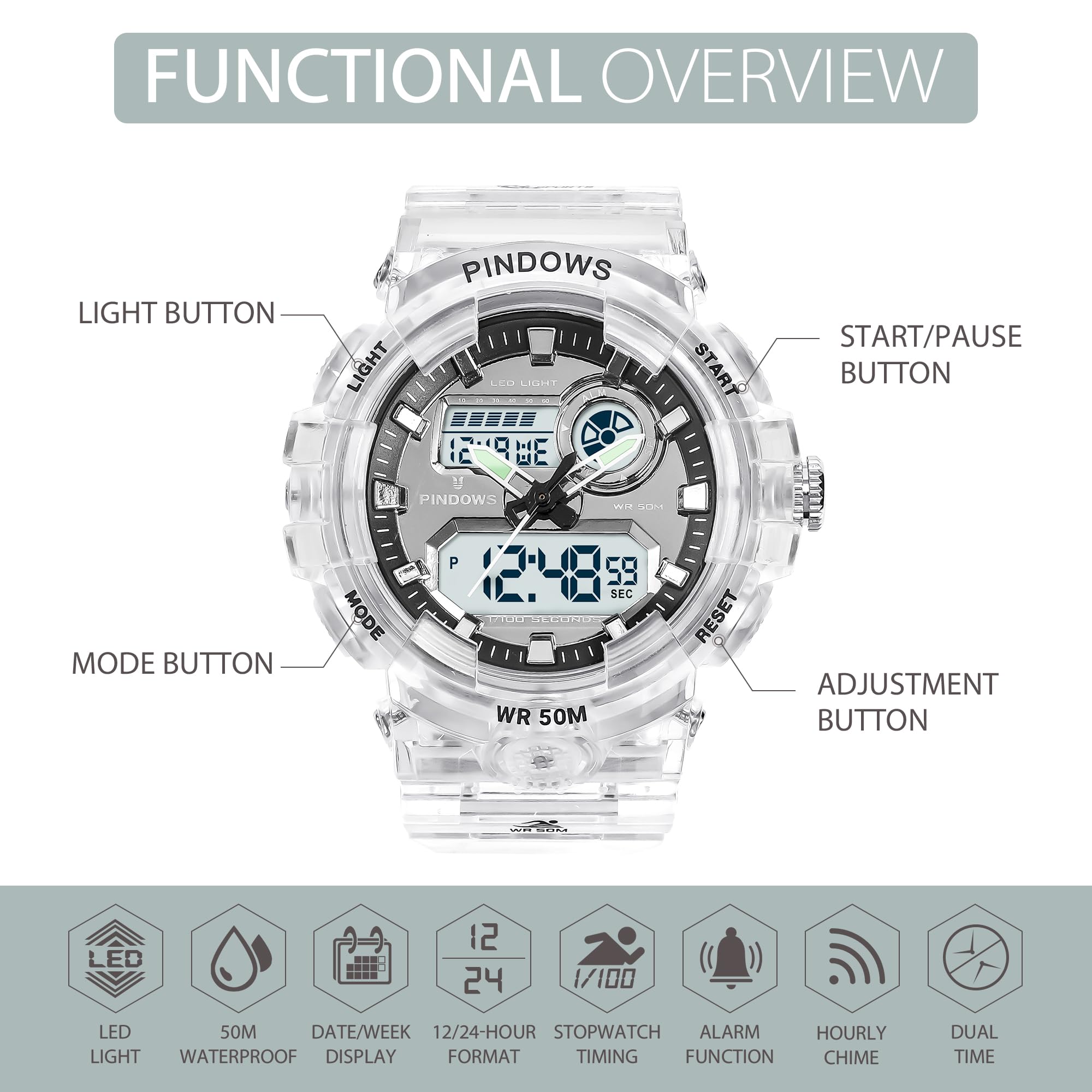 PINIDOUS Womens Watch for Women Teenagers Watch Digital Sports Watch,7 Color LED Light Large Analog Digital Display Waterproof Watch with Alarm Stopwatch Hourly Chime Multi-Function Wrist Watches