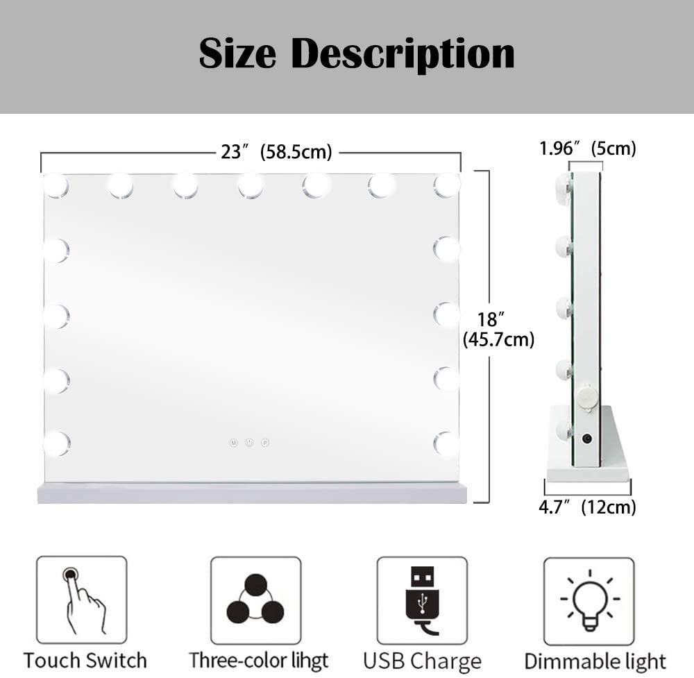 Kucitup Lighted Vanity Mirror with 10X Magnification, 15 Dimmable LED Bulbs, Touch Controls - Wall or Tabletop