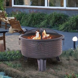 Multifunctional Fire Pit Table 26in Round Metal Firepit Stove Backyard Patio Garden Fireplace for BBQ, Camping, Outdoor Heating, Bonfire, Picnic