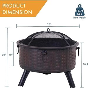 Multifunctional Fire Pit Table 26in Round Metal Firepit Stove Backyard Patio Garden Fireplace for BBQ, Camping, Outdoor Heating, Bonfire, Picnic