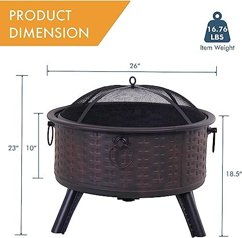 Multifunctional Fire Pit Table 26in Round Metal Firepit Stove Backyard Patio Garden Fireplace for BBQ, Camping, Outdoor Heating, Bonfire, Picnic