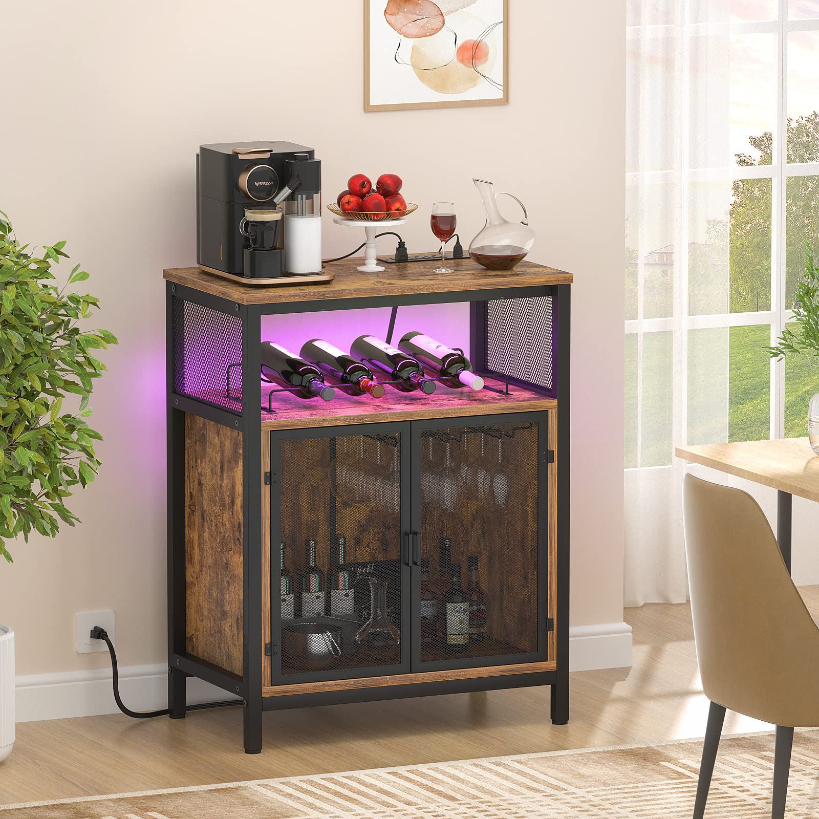 Unikito Wine Bar Cabinet with Power Outlet & LED Light, Home Mini Coffee Bar with Glass Holder, Liquor Cabinet with Wine Rack, Small Sideboard and Buffet Cabinet for Kitchen Dining Room, Rustic Brown