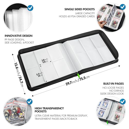 Graded Card Binder, 60 PSA Slab Holder, 6 Pocket Graded Card Storage, Slab Binder, PSA Card Graded Display Case Album, Zipper Binder, Card Collection Binder, Yugioh Cards Binder, MTG Card Binder