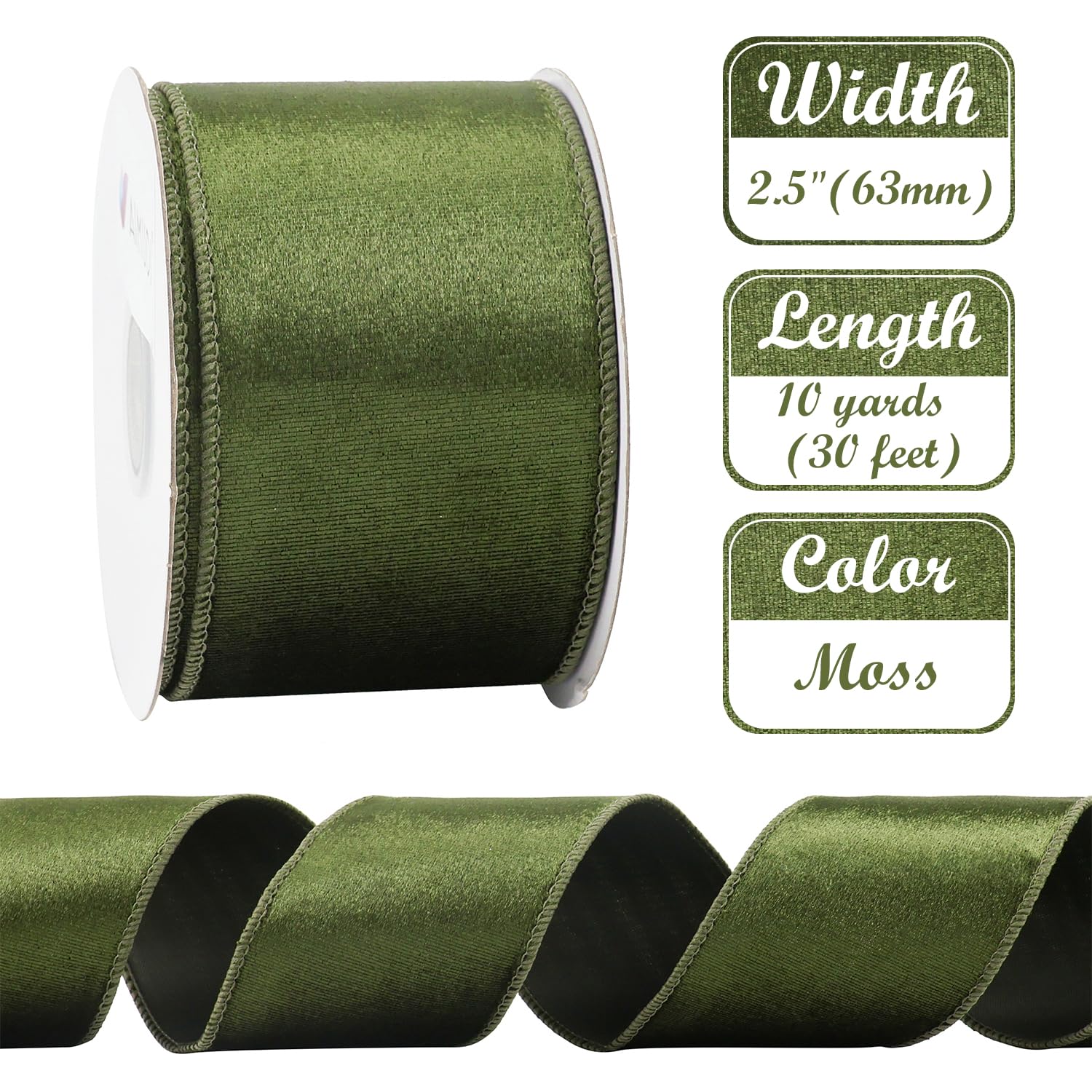 AIMUDI Olive Green Velvet Wired Ribbon 2.5 Inch Green Christmas Ribbon Wired Dark Moss Green Ribbon for Christmas Tree, Wreaths, Swags, Gift Wrapping, Garland, Holiday Crafts, Topper Bows - 10 Yards