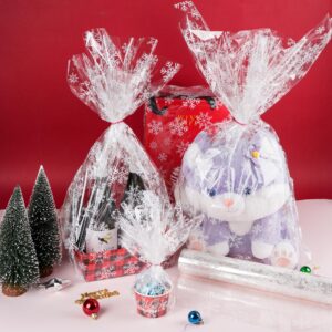 Kolewo4ever 100 Ft X 32 in Christmas Cellophane Wrap Roll Snowflake Clear Wrapping Paper Cellophane Bags Thick Snowflake Wrap Cellophane for Christmas Gift Wrapping (Christmas Snowflake)