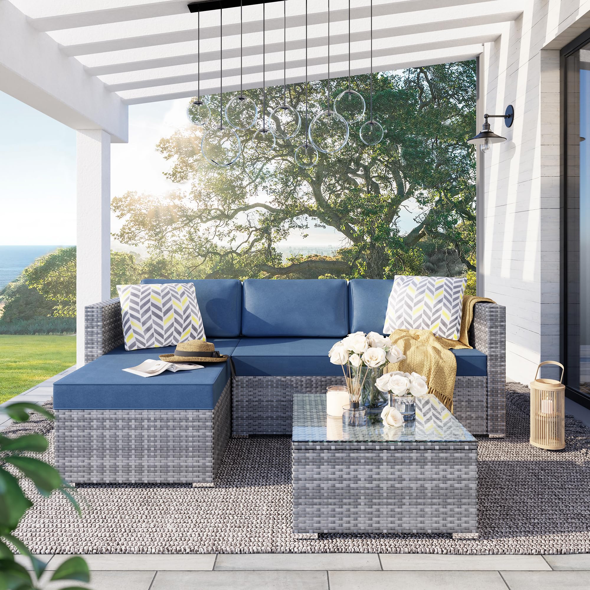 SUNLEI 3-Piece Patio Sectional Sofa, Patio Furniture Set with Cushions, All Weather Outdoor PE Wicker Patio Conversation Sofa Set with Glass Coffee Table & ottoman, Silver Rattan/Aegean Blue