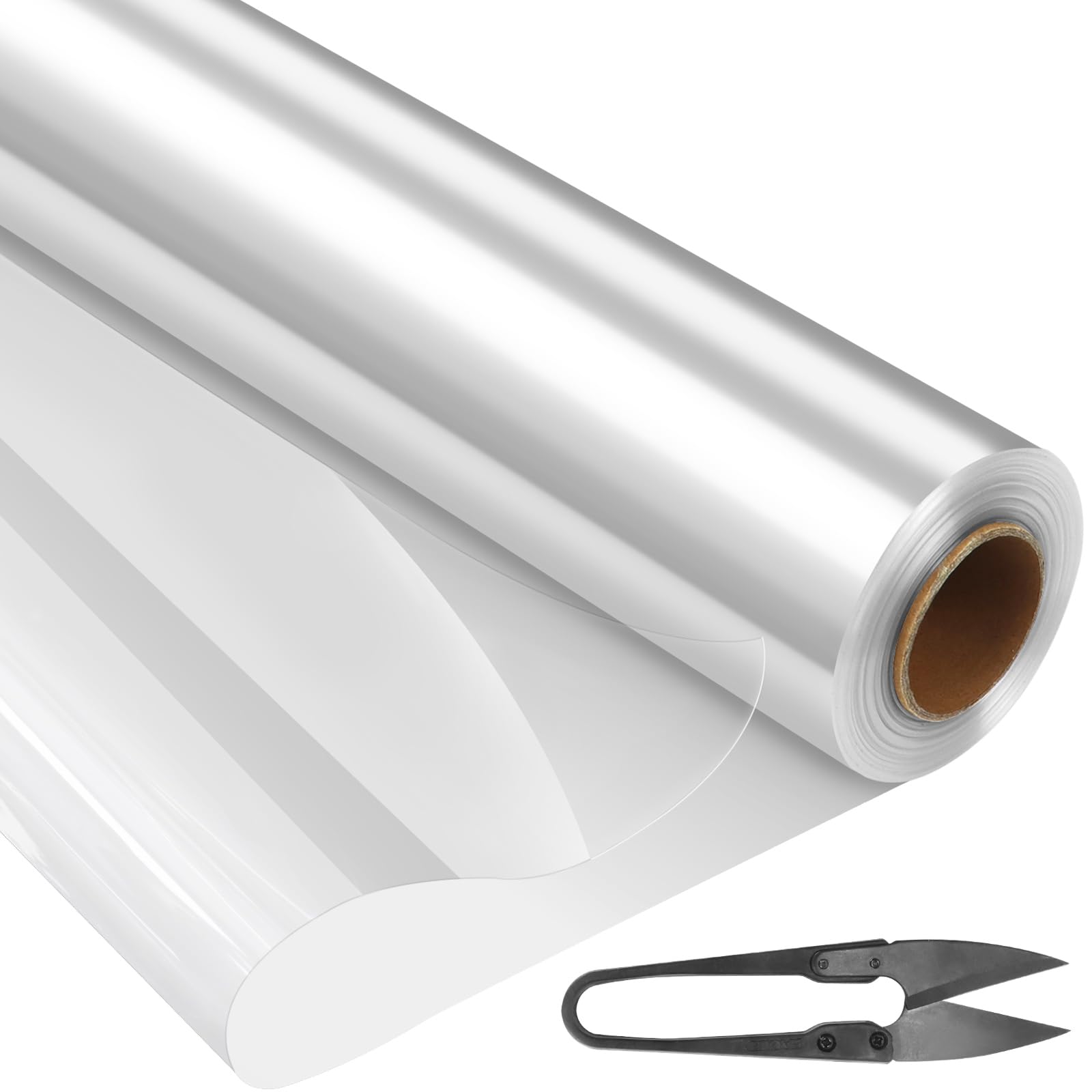 Rcybeo Clear Cellophane Wrap Roll (31.5 in x 147 ft) - 3 Mil Thicken Cellophane Roll with 1 Cutter, Clear Cellophane Bags Large, Clear Wrapping Paper for Flower Gift Baskets Wrap (31.5" fold into 16")