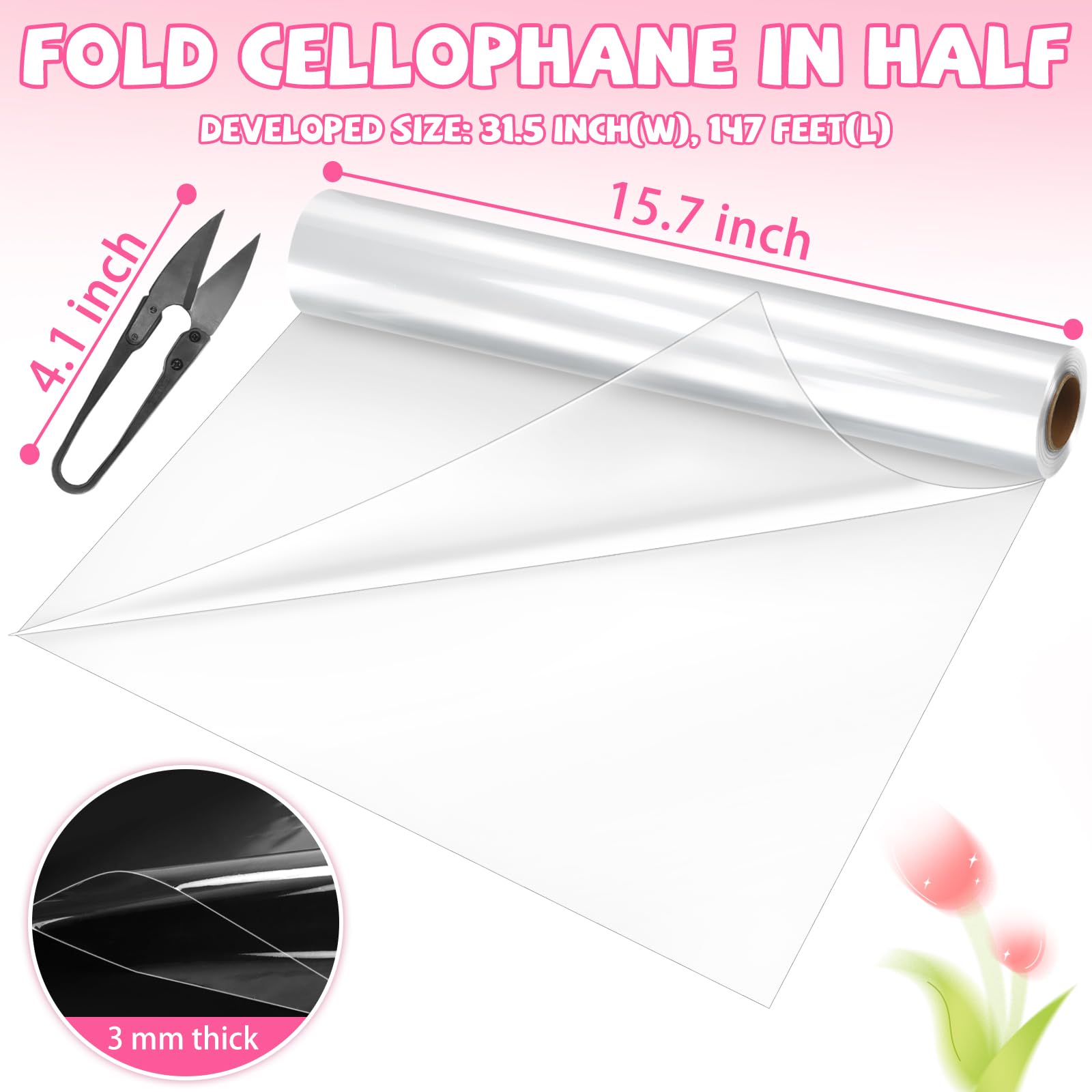 Rcybeo Clear Cellophane Wrap Roll (31.5 in x 147 ft) - 3 Mil Thicken Cellophane Roll with 1 Cutter, Clear Cellophane Bags Large, Clear Wrapping Paper for Flower Gift Baskets Wrap (31.5" fold into 16")