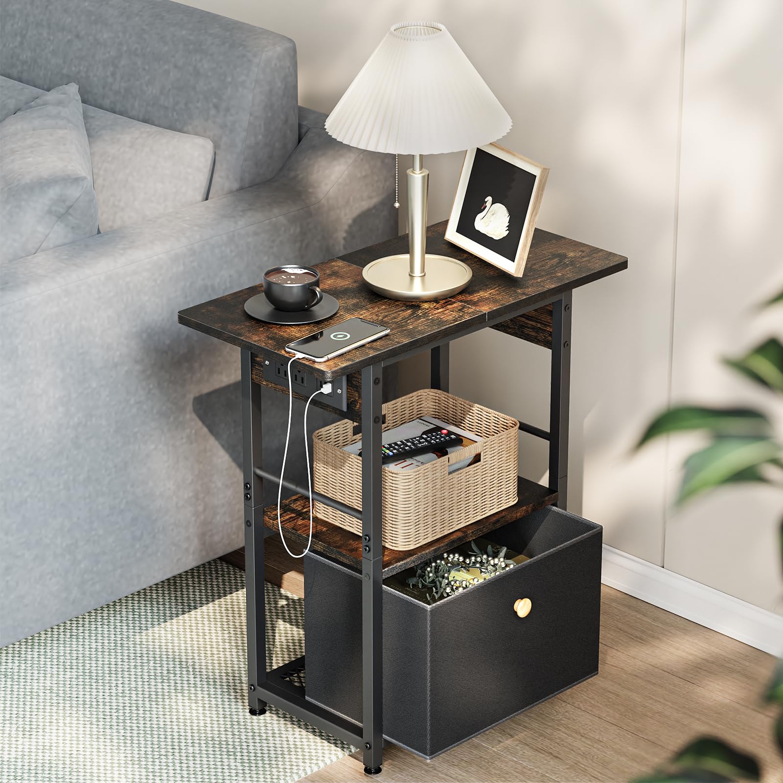 VIYYIEA 3 Tier End Table with Charging Station, Living Room Couch Small Side Table with Privacy Drawer, Narrow Bedside Night Table, 23.6x11.8x25.6 Inches