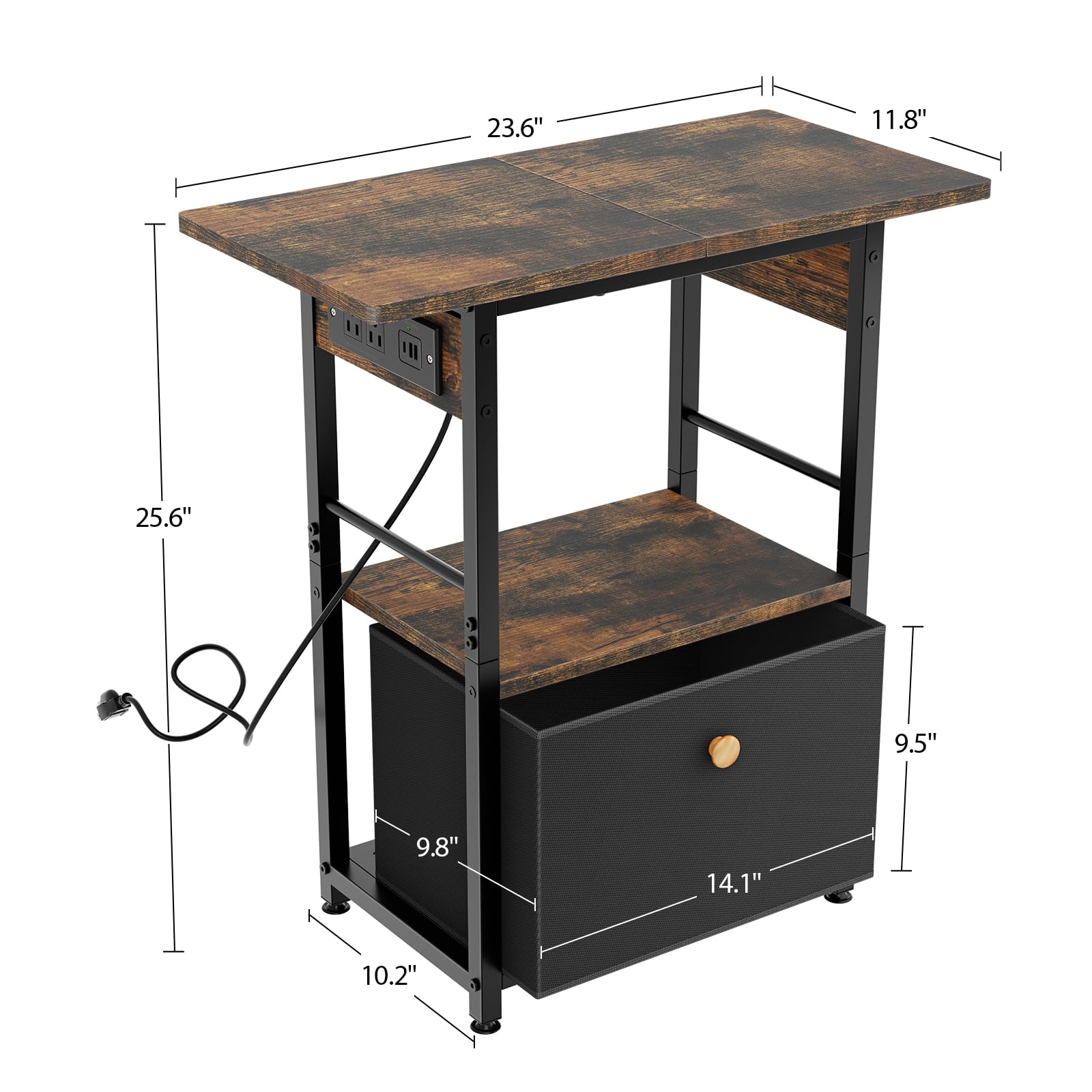 VIYYIEA 3 Tier End Table with Charging Station, Living Room Couch Small Side Table with Privacy Drawer, Narrow Bedside Night Table, 23.6x11.8x25.6 Inches