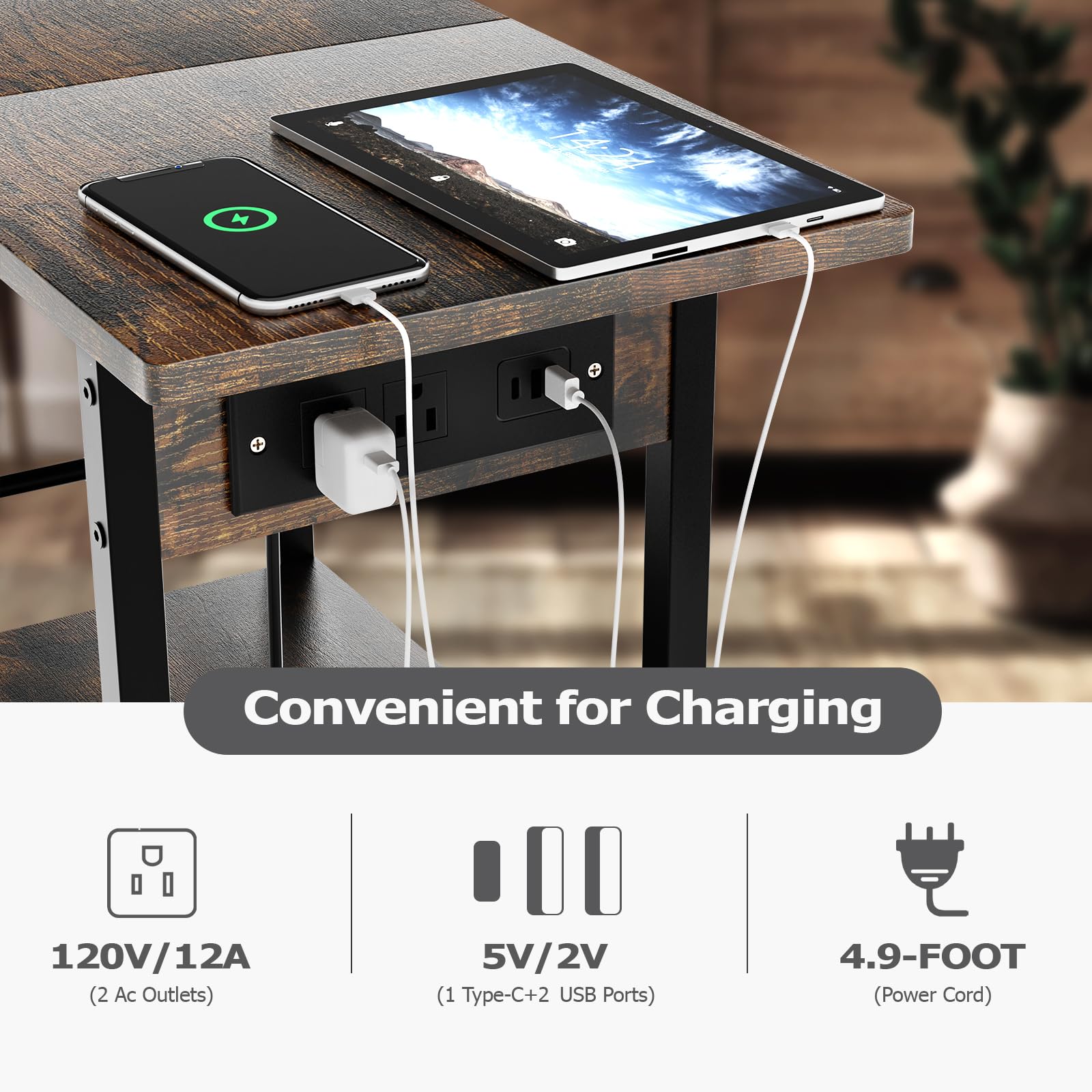 VIYYIEA 3 Tier End Table with Charging Station, Living Room Couch Small Side Table with Privacy Drawer, Narrow Bedside Night Table, 23.6x11.8x25.6 Inches