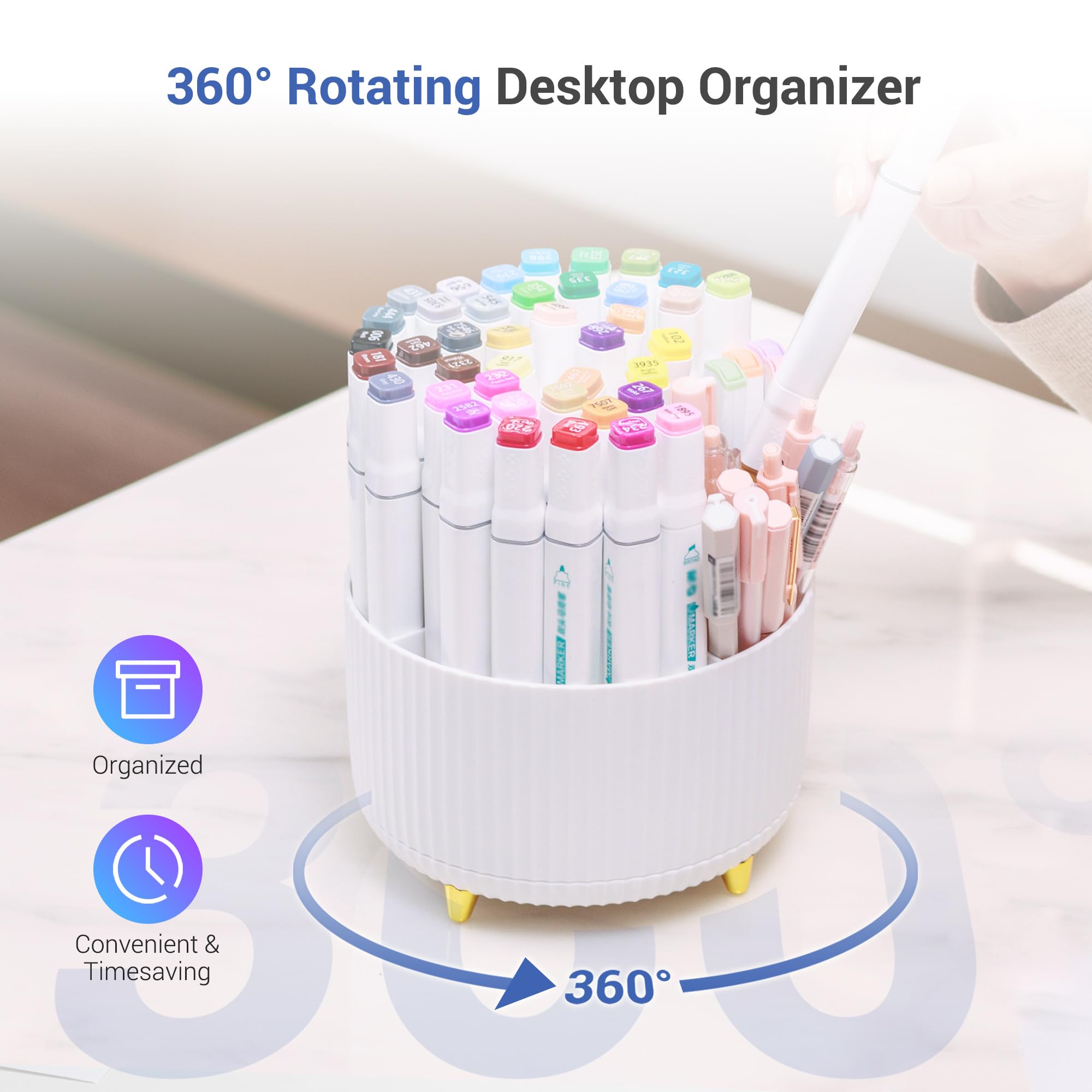 4Johor Pen Holder for Desk - Pencil Holder with 5 Compartments, 360°Rotating desk organizer and accessories for Women and Men,Desk Caddy for School,Teacher,Office,Art Supplies. Tidy Desk, Tidy Mind