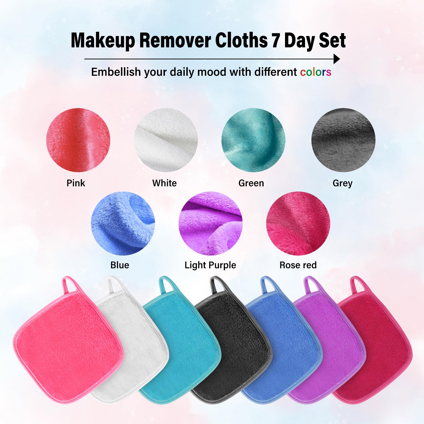 Makeup Remover Cloth, 7 Colors Makeup Towels Face Washcloth, Makeup Remover Pads Reusable Washable, Facial Cloths Clean Towels for Face Eye Skincare, With Travel Mesh Bag, 6 * 6 inches, 7 Pack