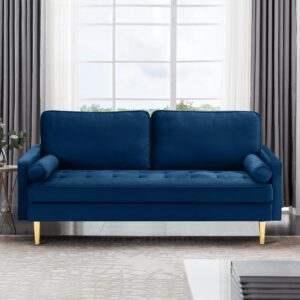 rxrrxy 67" modern velvet loveseat sofa couch, mid-century tufted upholstered small love seat couch with 2 pillows & 4 golden legs, 2-seats couches for compact space, living room, apartment (navy)