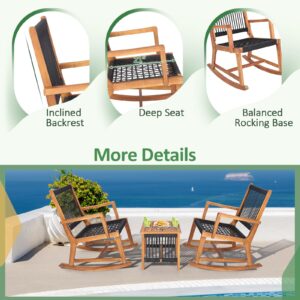 Tangkula 3 Pieces Acacia Wood Rocking Bistro Set, All-Weather Rope Woven Patio Furniture Set with Coffee Table, Outdoor Conversation Set for Front Porch, Deck, Balcony (Black & Natural)