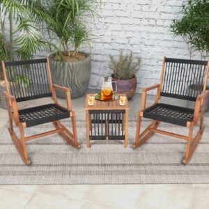 Tangkula 3 Pieces Acacia Wood Rocking Bistro Set, All-Weather Rope Woven Patio Furniture Set with Coffee Table, Outdoor Conversation Set for Front Porch, Deck, Balcony (Black & Natural)