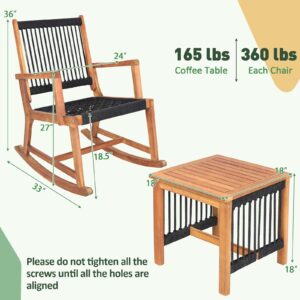 Tangkula 3 Pieces Acacia Wood Rocking Bistro Set, All-Weather Rope Woven Patio Furniture Set with Coffee Table, Outdoor Conversation Set for Front Porch, Deck, Balcony (Black & Natural)