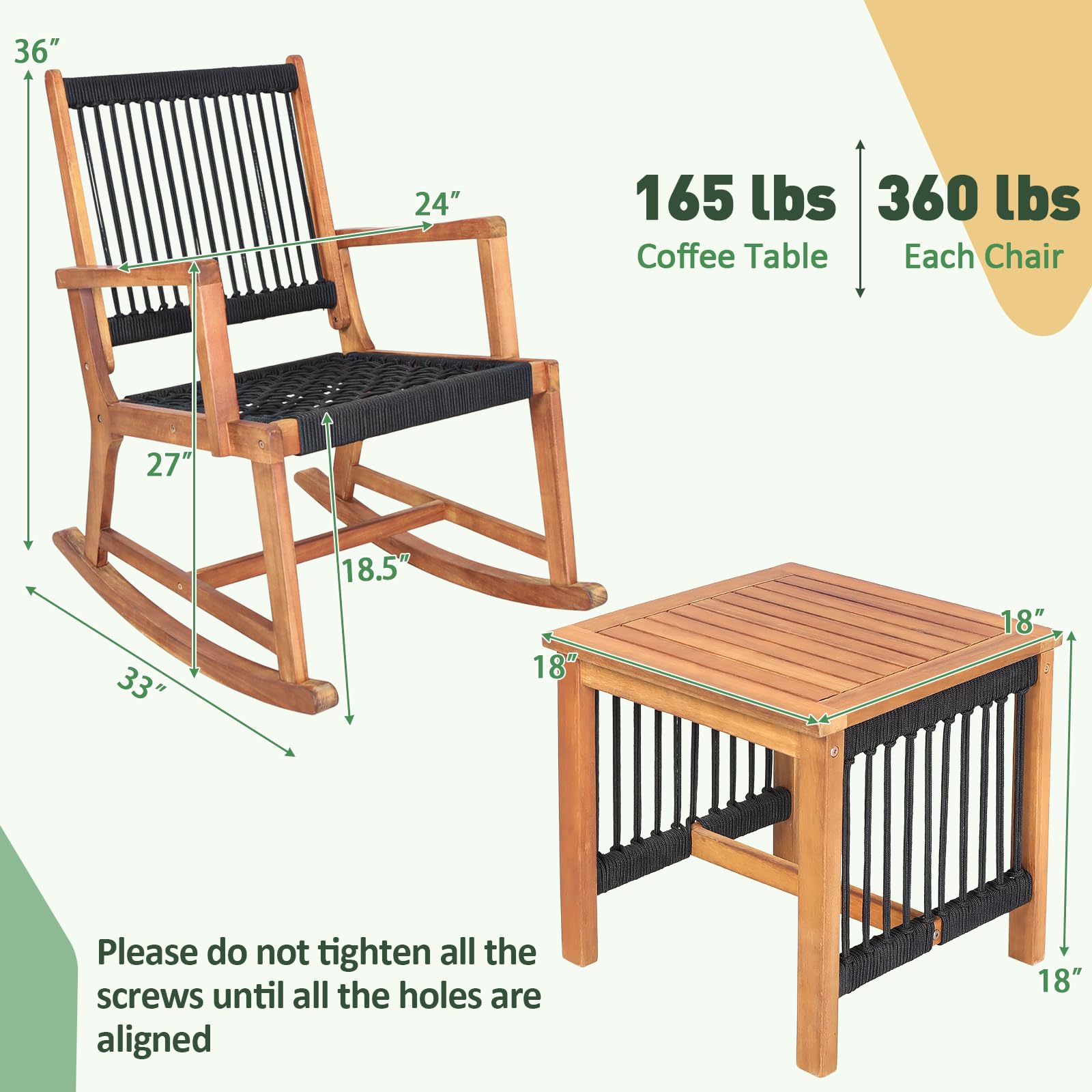 Tangkula 3 Pieces Acacia Wood Rocking Bistro Set, All-Weather Rope Woven Patio Furniture Set with Coffee Table, Outdoor Conversation Set for Front Porch, Deck, Balcony (Black & Natural)