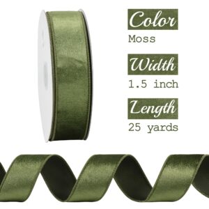 MEEDEE Moss Green Velvet Ribbon 1.5 Inch Green Velvet Wired Ribbon 25 Yards Crushed Velvet Ribbon Spool Velvet Christmas Ribbon Moss Green Ribbon for Christmas Tree, Wreaths Supplies, Christmas Bows