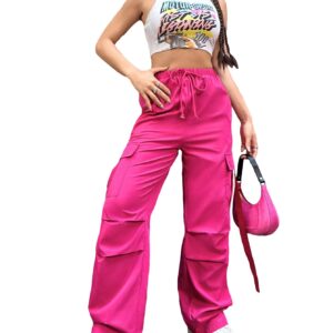 GORGLITTER Women's Drawstring Cargo Pants Flap Pocket High Elastic Waisted Baggy Pants Trousers Hot Pink Medium