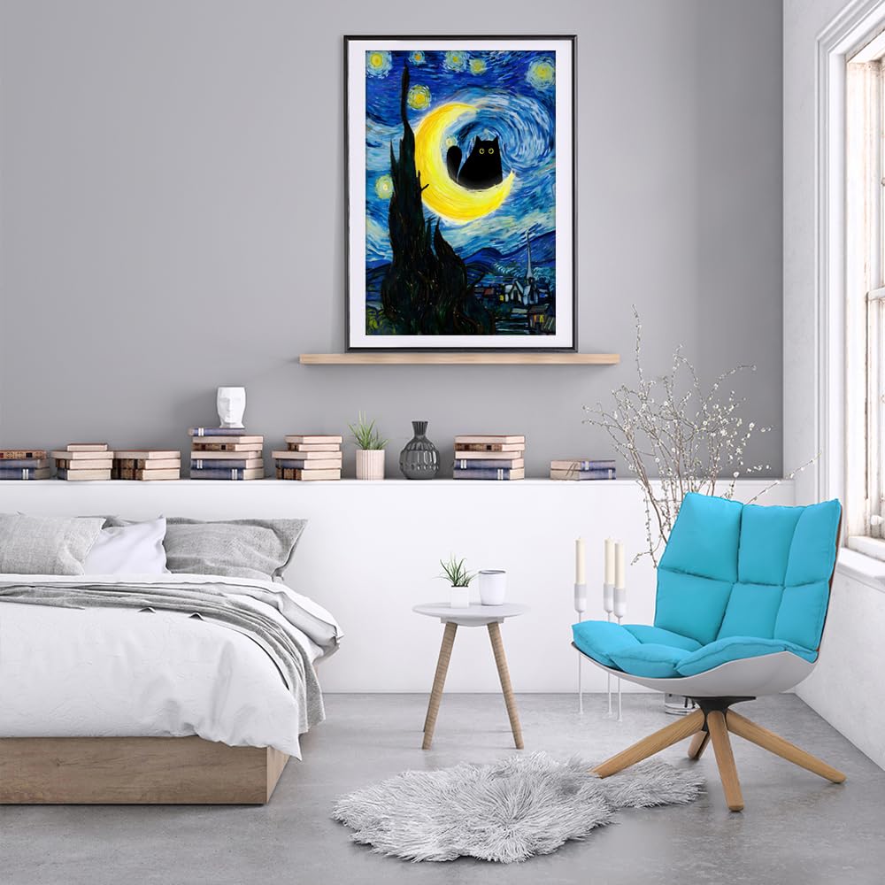 KOEUIRW Funny Starry Night Cat Canvas Wall Art Famous Oil Paintings Black Cat Poster Funny Cat Floral Print Colorful Abstract Gallery Aesthetic Room Wall Decor For Bedroom 16x24in Unframed