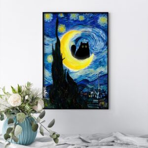 KOEUIRW Funny Starry Night Cat Canvas Wall Art Famous Oil Paintings Black Cat Poster Funny Cat Floral Print Colorful Abstract Gallery Aesthetic Room Wall Decor For Bedroom 16x24in Unframed