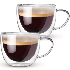 double walled glass coffee mugs set of 2, 8 oz hand blown insulated coffee mugs with handle, clear coffee mugs for cappuccino, latte, americano, tea bag, beverage glasses heat resistant coffee cups