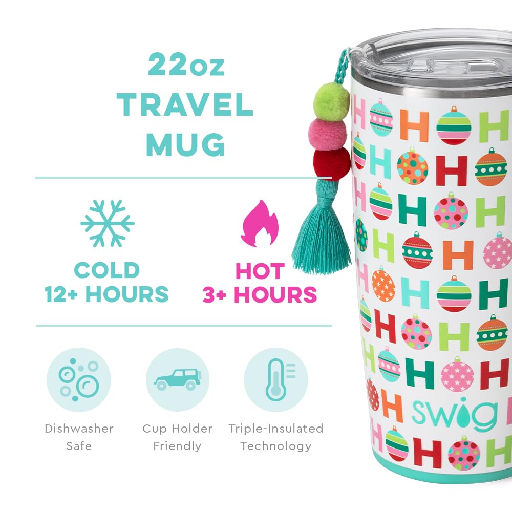 Swig Life 22oz Travel Mug, Insulated Tumbler with Handle and Lid, Travel Coffee Mug, Cup Holder Friendly Travel Mug, Stainless Steel 22 oz Tumbler, Reusable Insulated Tumbler with Lid (HoHoHo)