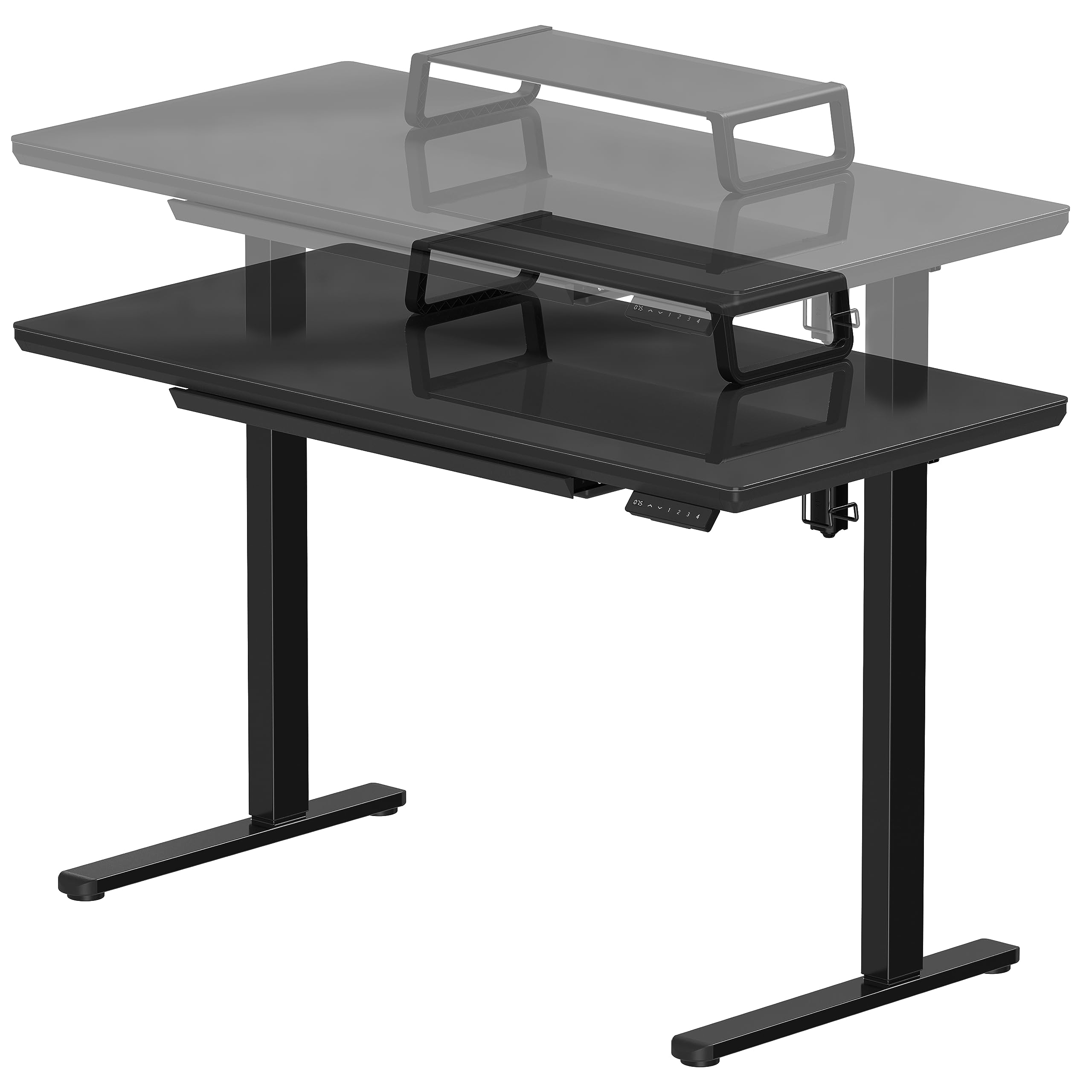 SHW 48-Inch Whole-Piece Glass Electric Height Adjustable Desk with Monitor Riser and Drawer, Black