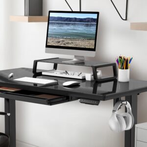 SHW 48-Inch Whole-Piece Glass Electric Height Adjustable Desk with Monitor Riser and Drawer, Black