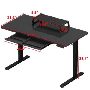 SHW 48-Inch Whole-Piece Glass Electric Height Adjustable Desk with Monitor Riser and Drawer, Black