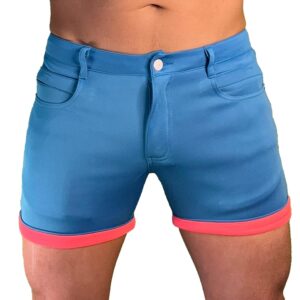 mens rave/party huggers booty shorts with zippered phone and hidden pockets (blue, 28)