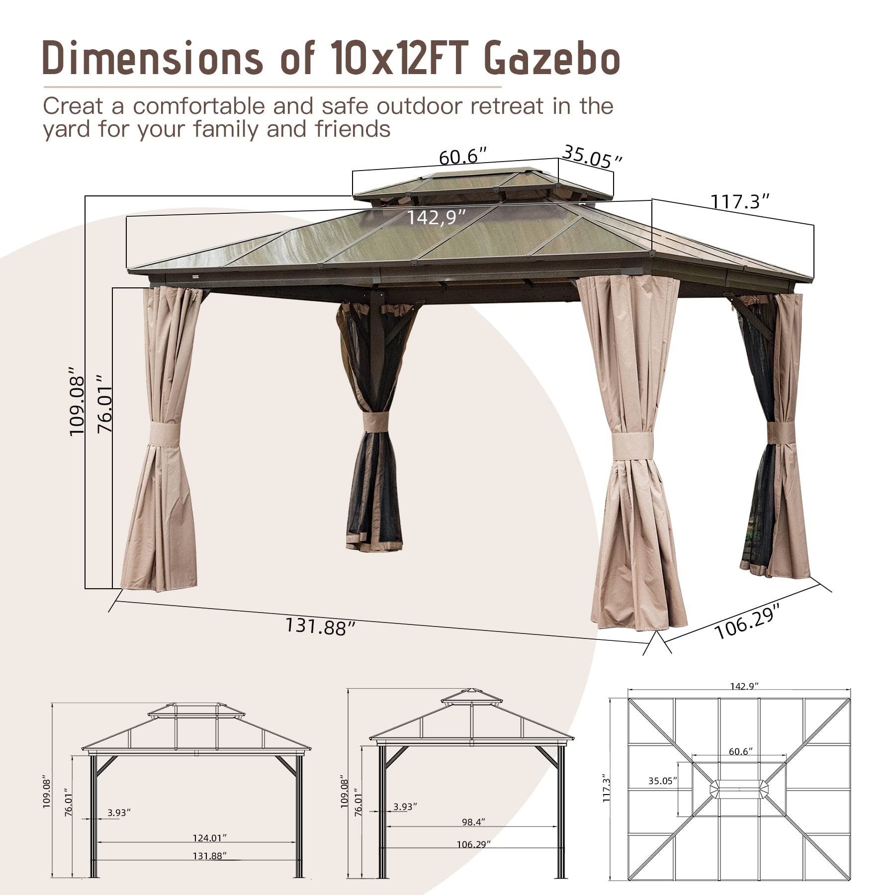 Domi Outdoor Living 10’ x 12’ Hardtop Gazebo, Outdoor Aluminum Frame Canopy with Polycarbonate Double Roof, Outdoor Permanent Metal Pavilion with Curtains and Netting for Patio, Backyard and Lawn