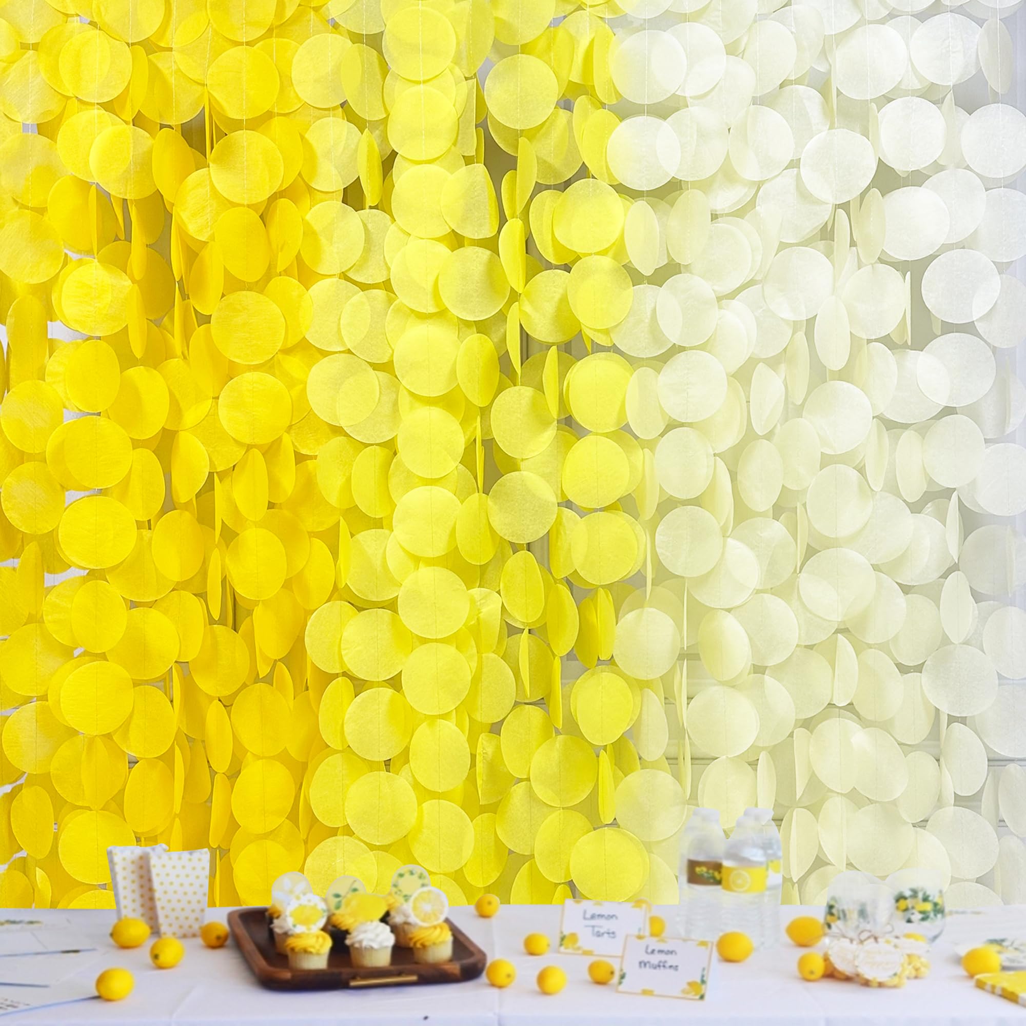 192Ft Yellow Party Decorations Ombre Yellow White Big Polka Dots Backdrop Streamer Gradient Yellow Tissue Paper Circle Dot Hanging Garland for Lemon Bee Sunflower Birthday Baby Shower Party Supplies