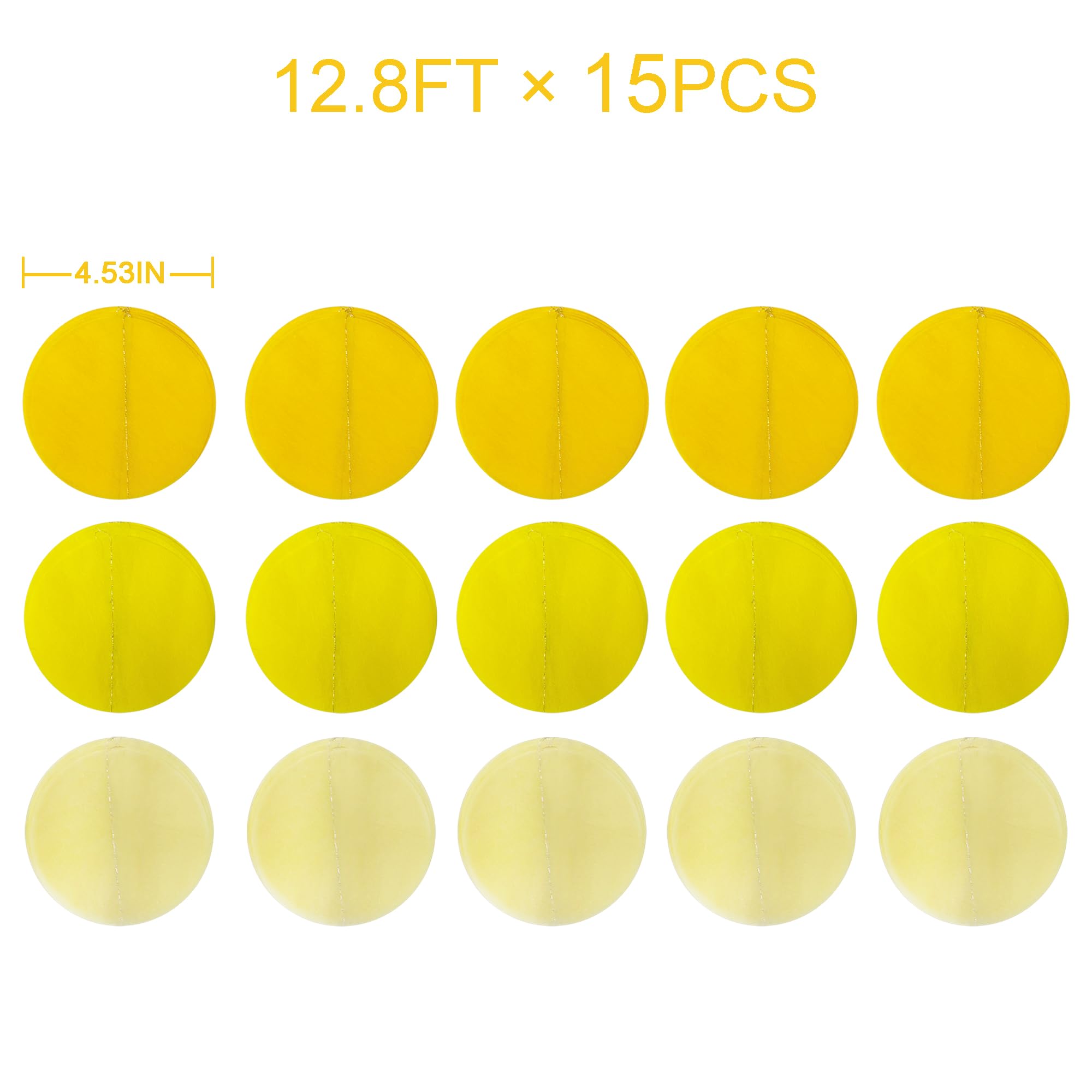 192Ft Yellow Party Decorations Ombre Yellow White Big Polka Dots Backdrop Streamer Gradient Yellow Tissue Paper Circle Dot Hanging Garland for Lemon Bee Sunflower Birthday Baby Shower Party Supplies