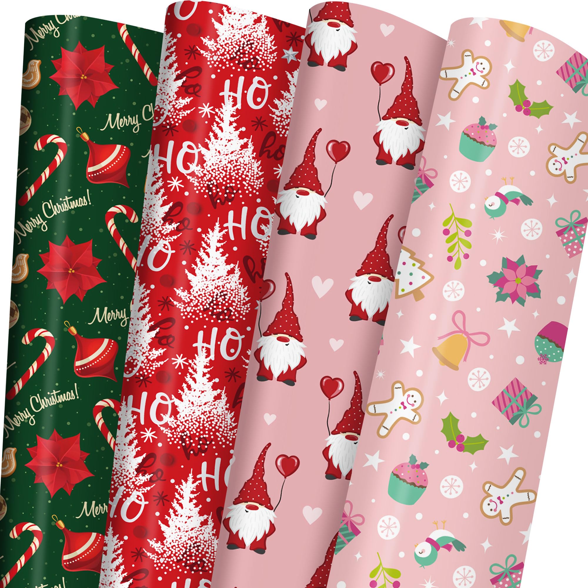 GIOLAINY Christmas Wrapping Paper for Kids Boys Girls Baby Men Women - Xmas Gift Wrap Contain Red Trees, Pink Santa, Snowflakes, Green "Merry Christmas" with Holly Design - 6 Sheets (29*42 Inch per