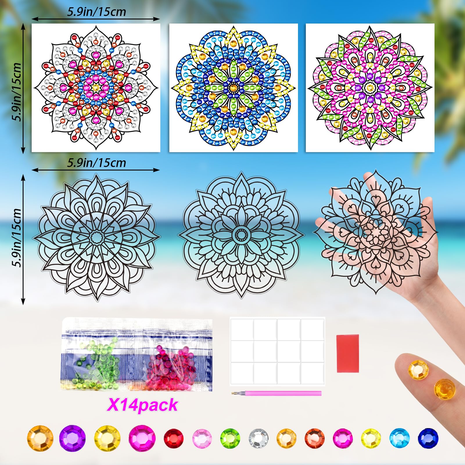 BSRESIN Diamond Art Stained Glass Window Clings with Diamond DIY Pen, 3 Pcs Mandala Window Stickers for Suncatchers, Diamond Art Kits for Adults, Diamond Art Accessories