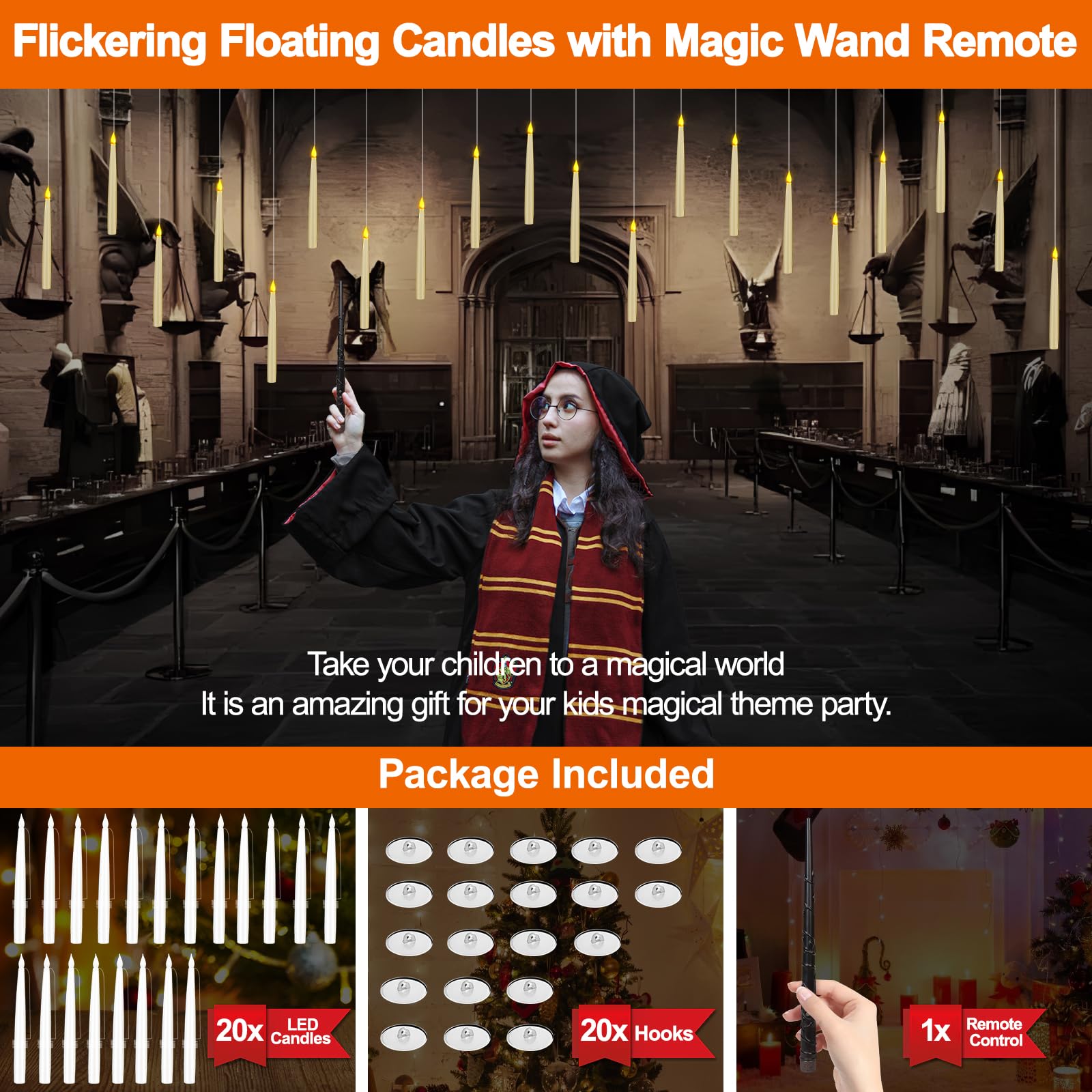 20 Pack Halloween Decorations Hanging Candles -Flameless Taper LED Floating Candles Magic Wand Remote Flickering Warm Light For Harry Potter Christmas Witch Wizard Wedding Birthday Party Home Décor