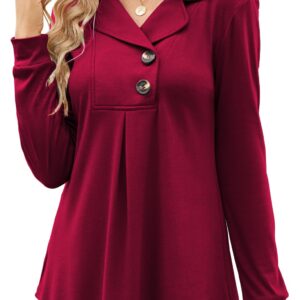 Newchoice Women Fall Long Sleeve Shirts Tops，Casual Winter Clothing Collar V Neck Tunics Or Tops To Wear With Leggings(Berry Red.M)