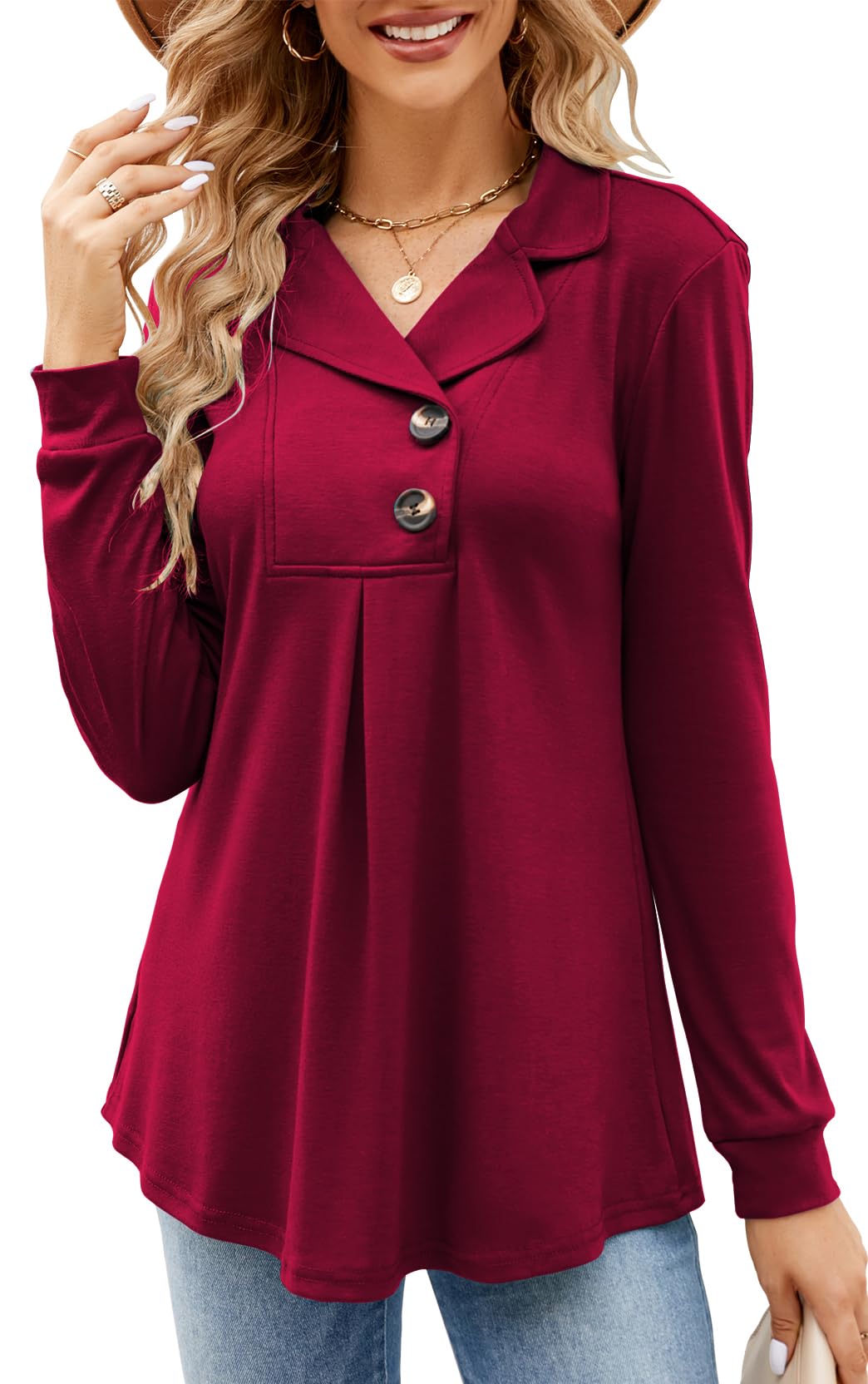 Newchoice Women Fall Long Sleeve Shirts Tops，Casual Winter Clothing Collar V Neck Tunics Or Tops To Wear With Leggings(Berry Red.M)