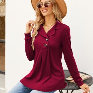 Newchoice Women Fall Long Sleeve Shirts Tops，Casual Winter Clothing Collar V Neck Tunics Or Tops To Wear With Leggings(Berry Red.M)