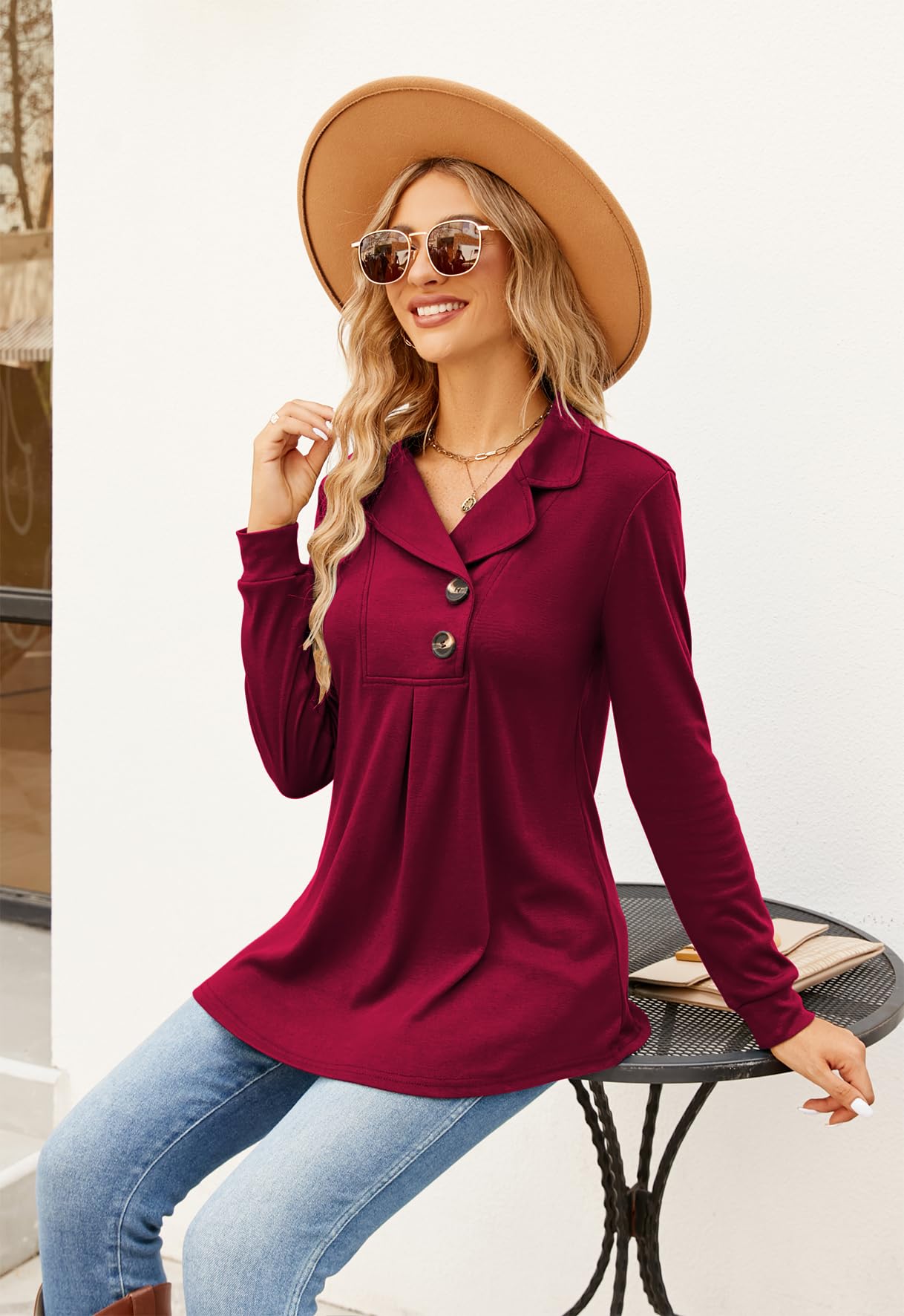 Newchoice Women Fall Long Sleeve Shirts Tops，Casual Winter Clothing Collar V Neck Tunics Or Tops To Wear With Leggings(Berry Red.M)