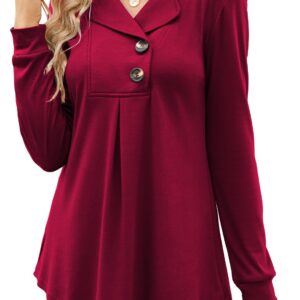 Newchoice Women Fall Long Sleeve Shirts Tops，Casual Winter Clothing Collar V Neck Tunics Or Tops To Wear With Leggings(Berry Red.M)