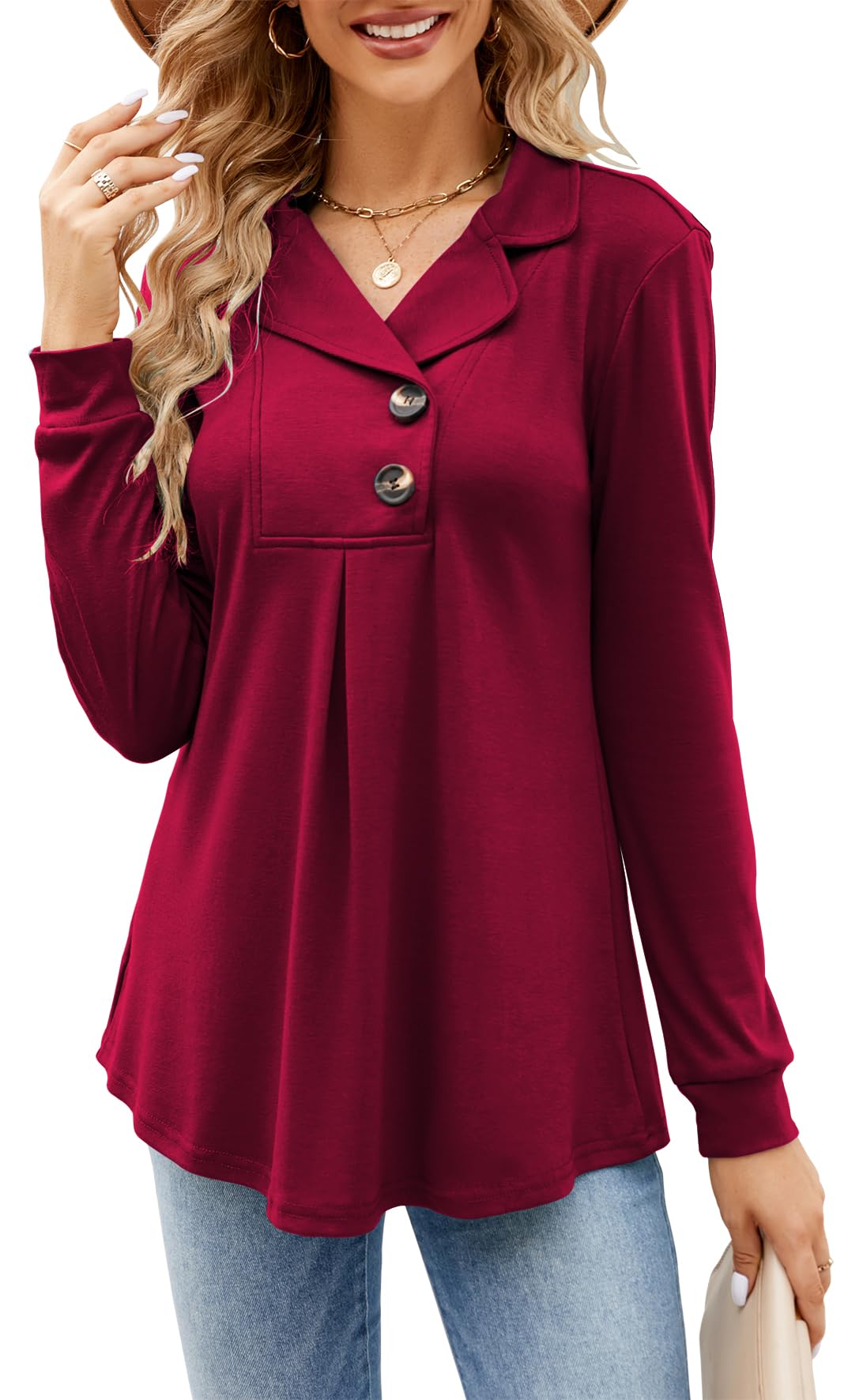 Newchoice Women Fall Long Sleeve Shirts Tops，Casual Winter Clothing Collar V Neck Tunics Or Tops To Wear With Leggings(Berry Red.M)