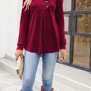 Newchoice Women Fall Long Sleeve Shirts Tops，Casual Winter Clothing Collar V Neck Tunics Or Tops To Wear With Leggings(Berry Red.M)